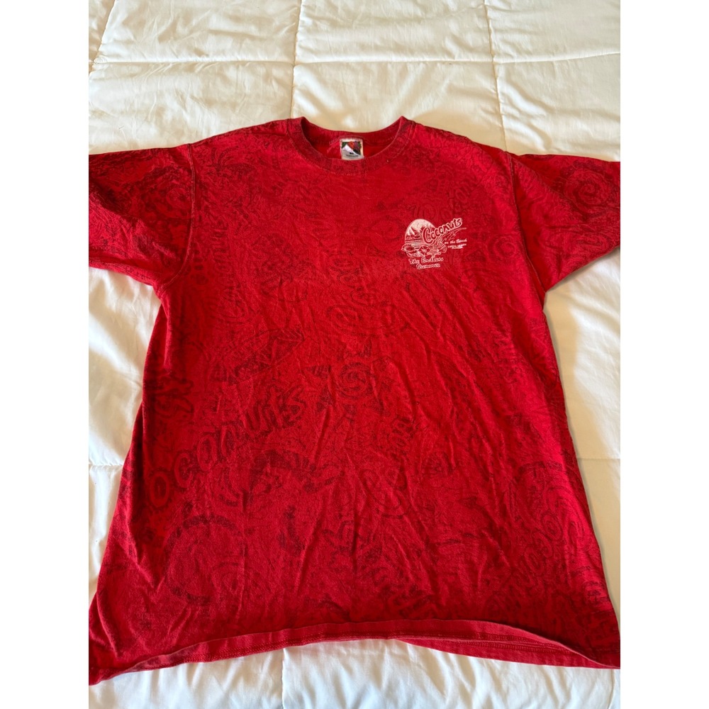 Vintage Fruit of the Loom Coconuts on the Beach Red All Over Print T-Shirt XL